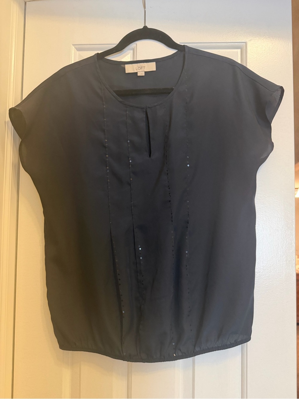 Ann Taylor LOFT Navy Blue Short-Sleeve Embellished Blouse